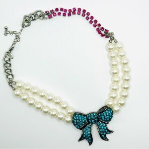 Express Jr Rhinestone Double Pearl Choker Blue Bow Charm Silver Curb Link 16”+3”